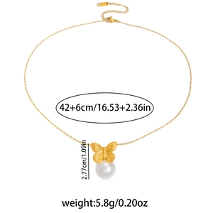 Golden necklace detail with bow relief, white pearl pendant, and dimensions 42+6cm