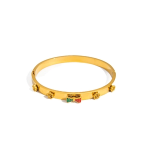 Gold stainless steel bow cuff bracelet with rose flowers and red green crystals