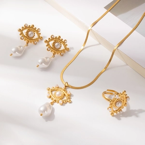 Luxury gold stainless steel evil eye jewelry set with baroque pearl necklace and earrings