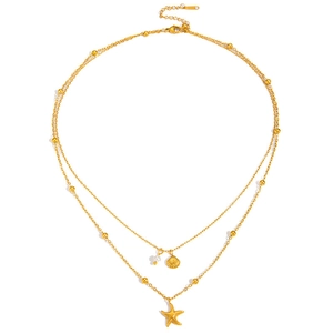 Collana a doppio strato in acciaio al titanio con ciondoli stella marina conchiglia e perla
