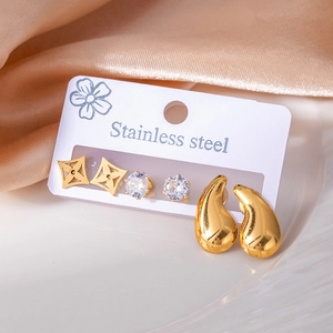 Three pairs of stainless steel earrings with gold plating and clear zircon stones