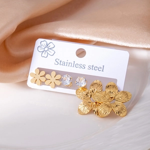 Three-pair stainless steel earring set with gold flowers and cubic zirconia studs