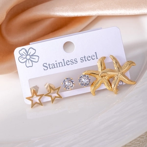 Three-pair set of gold stainless steel earrings with starfish and star designs