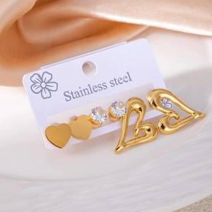 Three-pair stainless steel earring set featuring gold hearts and round zircon studs