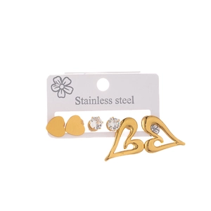 Three-pair gold stainless steel earring set with heart shapes and sparkling zircon studs