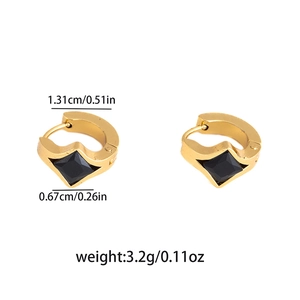 Detailed view of gold hoop earrings with black rhombus stone inlay and measurements