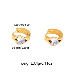 Detailed view of gold heart earrings with white zircon including dimensions and weight