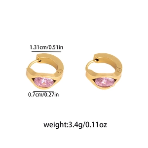 Detailed view of gold earrings with pink oval stones and technical size specifications