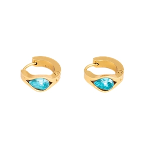 Close-up of golden hoop earrings with teardrop blue zircon and secure clasp closure