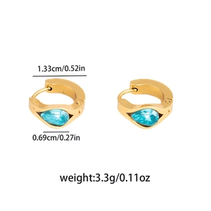 Detailed dimensions of titanium earrings featuring purple teardrop zircon and gold finish