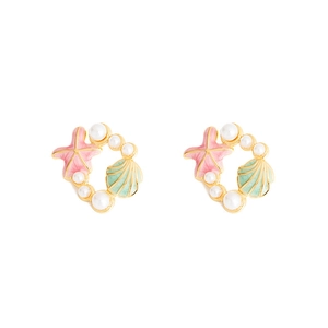 Detailed view of starfish and shell stud earrings with pearls in a gold-plated circular layout