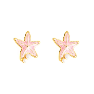 Boucles d'oreilles étoile de mer en acier doré avec perles et émail rose pour femme