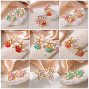 Boucles d'Oreilles Clous Étoile de Mer Coquillage Künstliche Perle Avec Tige en Acier Inoxydable Émail Plaqué Or Bijoux Femme