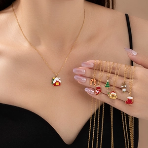 Christmas necklace with colorful oil-drop pendants like Santa and reindeer on gold chain