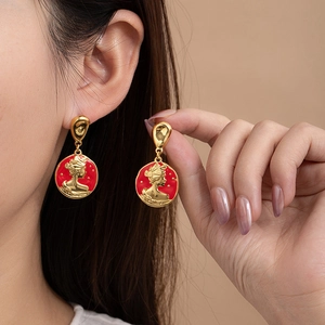 French vintage gold coin earrings with red enamel and female portrait relief for women