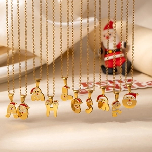 Collier Pendentif Alphabet Père Noël de Noël Pour Femmes En Acier Inoxydable Émail 26 Lettre Initiale Bijoux Plaqué Or Cadeau