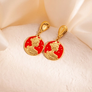 Vintage French portrait coin earrings with red enamel and gold relief on stone