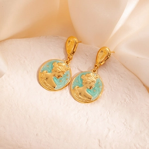 French vintage gold earrings with mint green enamel and queen portrait relief