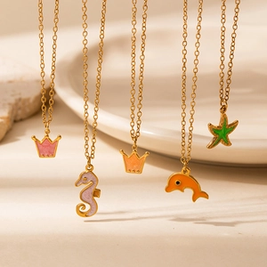 Roestvrij Staal Emaille Cartoon Oceaan Dier Hanger Halsketting Voor Vrouwen Zeepaardje Dolfijn Zeester Kroon Sleutelbeen Ketting Sieraden