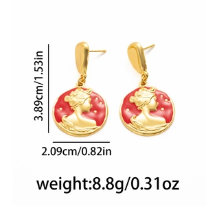 French vintage coin earrings with red enamel portrait and stainless steel gold finish