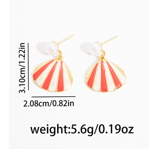 Golden seashell drop earrings with red white enamel, pearl accent, and size measurements