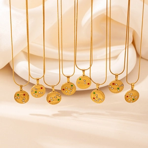 12 Zodiac Stainless Steel Pendant Necklace For Women Gold Plated Snake Chain Rhinestone Enamel Star Round Jewelry Gift