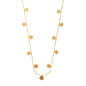 Close-up of golden stainless steel chain necklace with hollow rose flower pendants