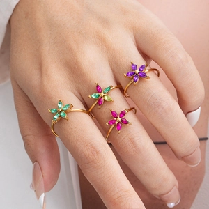 Colorful zircon flower rings in gold-plated stainless steel for women, open adjustable style