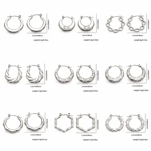 Size chart for silver stainless steel hoop earrings with nine different textured designs