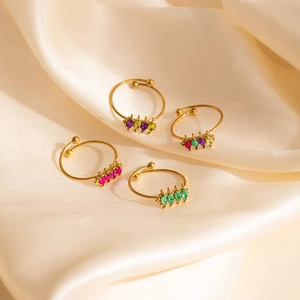 Golden titanium steel open ring with colorful marquise-cut zircon stones for women