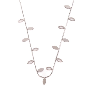 Detailed view of stainless steel necklace featuring hollow and solid leaf charms