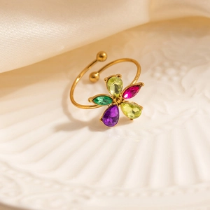 Adjustable gold flower ring with five multi-colored pear-shaped zircon stone petals