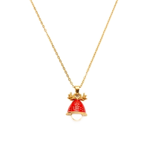 Primo piano della collana dorata con ciondolo a campana rossa e corna per Natale