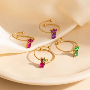 Gold-plated stainless steel rope rings with colorful pineapple-shaped zircon stones