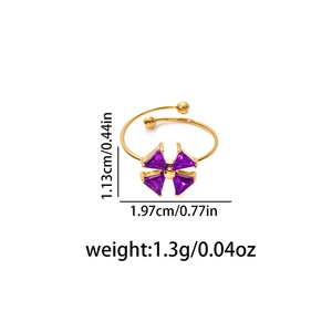 Detail showing dimensions of purple clover zircon ring with gold plated stainless steel