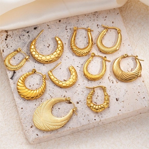 Detailed collection of assorted gold plated titanium steel hoop earrings on a stone surface