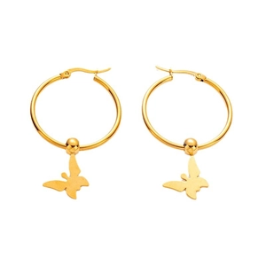 Minimalistische goldene Schmetterlings-Creolen aus Edelstahl auf weißem Hintergrund