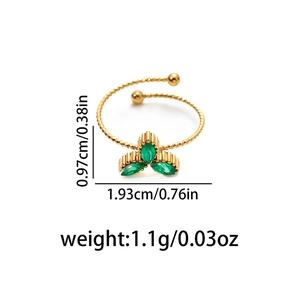 Elegant gold open ring featuring green zircon leaf petals and a twisted beaded band