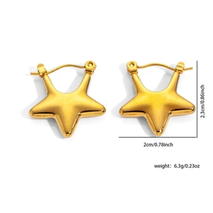 Detailed view of gold star hoop earrings showing 2.3cm height and 2cm width measurements