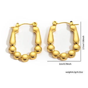 Gold titanium steel hoop earrings with five beads and size dimensions 2.7cm by 2cm