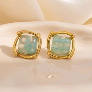 Boucles d'oreilles carrées en acier doré avec incrustation de pierre de marbre bleu