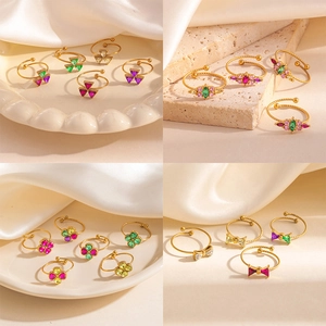 Bague Ouverte Réglable en Acier Inoxydable pour Femme Strass Colorés Fleur Nœud Trèfle Cœur Bijoux de Mode