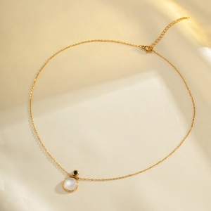 Minimalist 18k gold plated stainless steel necklace with round black and opal pendant