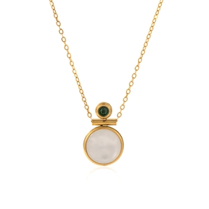 Minimalist 18k gold chain necklace with green gem and white catseye stone pendant