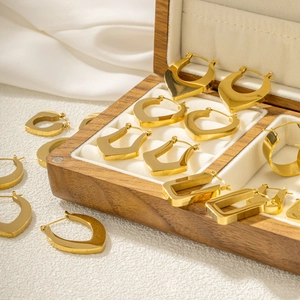 Set of minimalist gold geometric stainless steel earrings in a luxury jewelry box