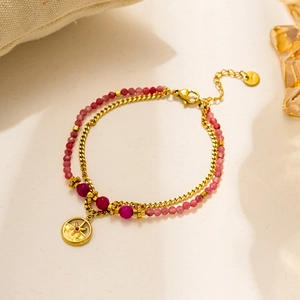 Double-layered bohemian titanium steel bracelet with pink natural stones and star pendant
