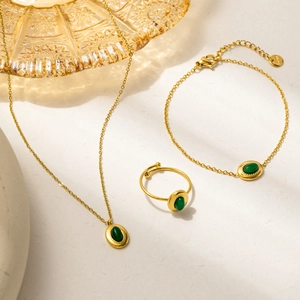Stainless Steel Jewelry Set Retro Rhinestone Necklace Earrings Ring Bracelet For Women Gold Plated Geometric Niche Accessory