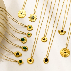 Vintage 18K gold plated stainless steel necklaces with emerald and natural stone pendants