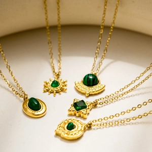 18K gold plated stainless steel necklaces with emerald green stones and vintage pendants