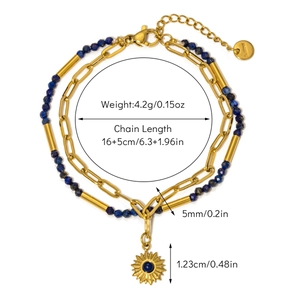 Detailed view of bohemian double-layer titanium steel bracelet with blue beads and sun charm